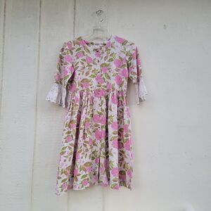 Utsa kids linen blend dress Sz 13/14 Yrs Pink Floral Eyelet Lace Trim Spring...